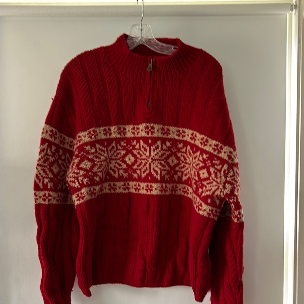 Lands' End Red and Cream Zip Up Sweater